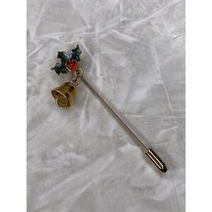 Holiday Brooch Stick Pin Christmas Bells Gold Red Rhinestone Green Enamel J16